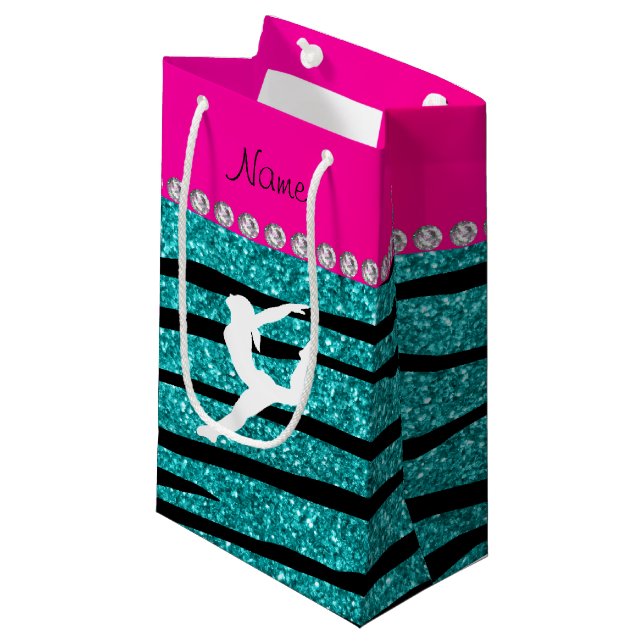Name Gymnast Türkis Glitzer zebra streifen Kleine Geschenktüte (Vorderseite Schrägansicht)