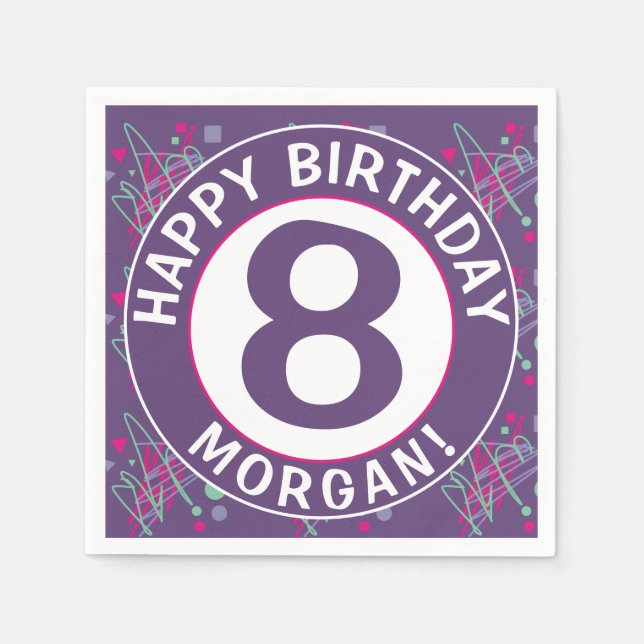Name Happy Birthday Age Lila Aquamarine rosa Forme Serviette (Vorderseite)