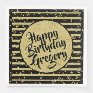 Name Happy Birthday Black/Gold Streifen Muster Serviette