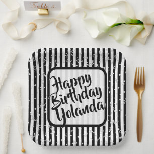 Name Happy Birthday Schwarz-weiß Stripes Muster Pappteller