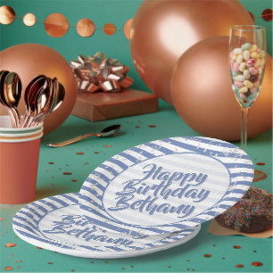 Name   Happy Birthday Simple Stripes Pattern Blau Pappteller