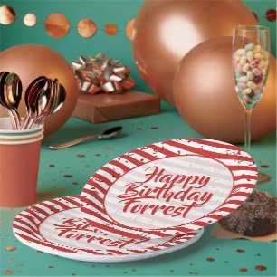 Name   Happy Birthday Simple Stripes Pattern Red Pappteller