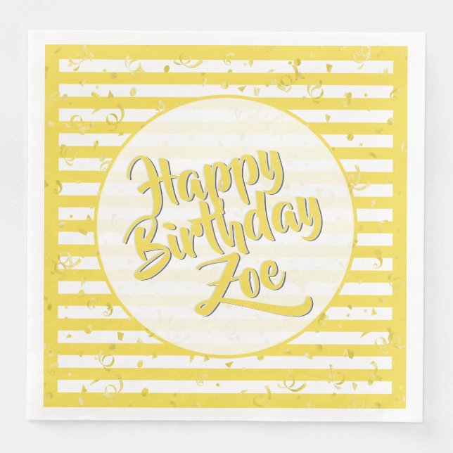 Name Happy Birthday Yellow Simple Stripes Pattern Serviette (Vorderseite)