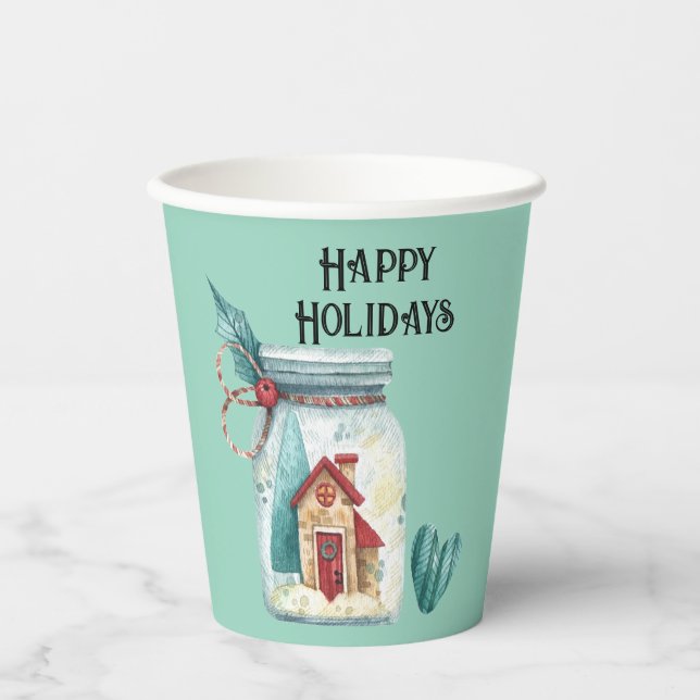 Name, Happy Holidays Magic House Mason Jar 8oz Pappbecher (Vorderseite)