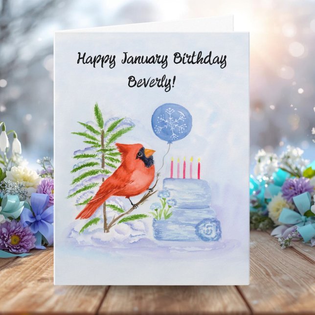 Name Happy January Birthday Cardinal with Cake Karte (Von Creator hochgeladen)