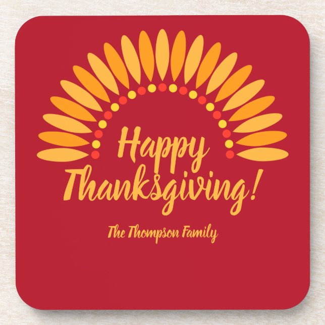 Name Happy Thanksgiving Yellows auf Red hinzufügen Getränkeuntersetzer (Vorderseite)