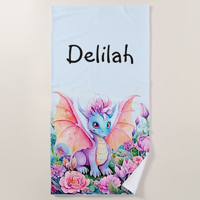 Name hinzufügen - Baby Dragon Wings & Blume auf Bl Strandtuch (Vorderseite)