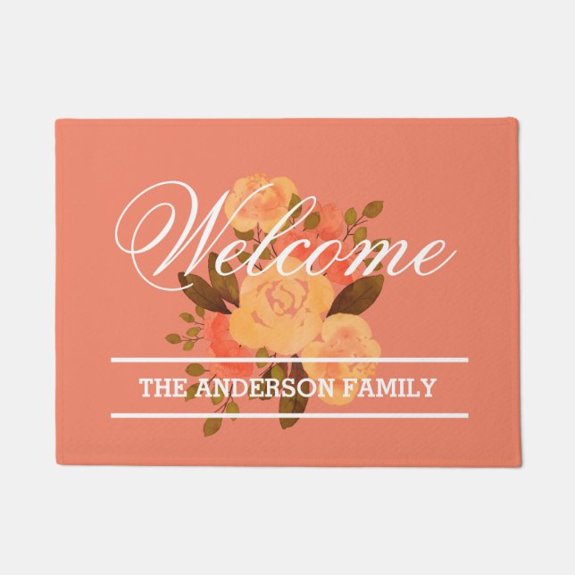 NAME HINZUFÜGEN | Beautiful Peach Floral Willkomme Fußmatte (Vorderseite)