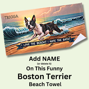 Name hinzufügen, Boston Terrier Splashing in Waves Strandtuch