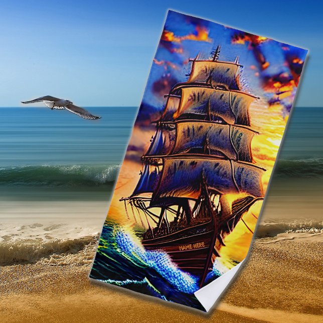 Name hinzufügen, Braunes Piratenschiff in Wellen Strandtuch (Von Creator hochgeladen)