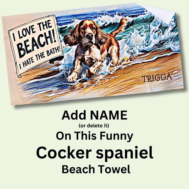 Name hinzufügen, Cocker Spaniel Splashing in Waves Strandtuch (Von Creator hochgeladen)