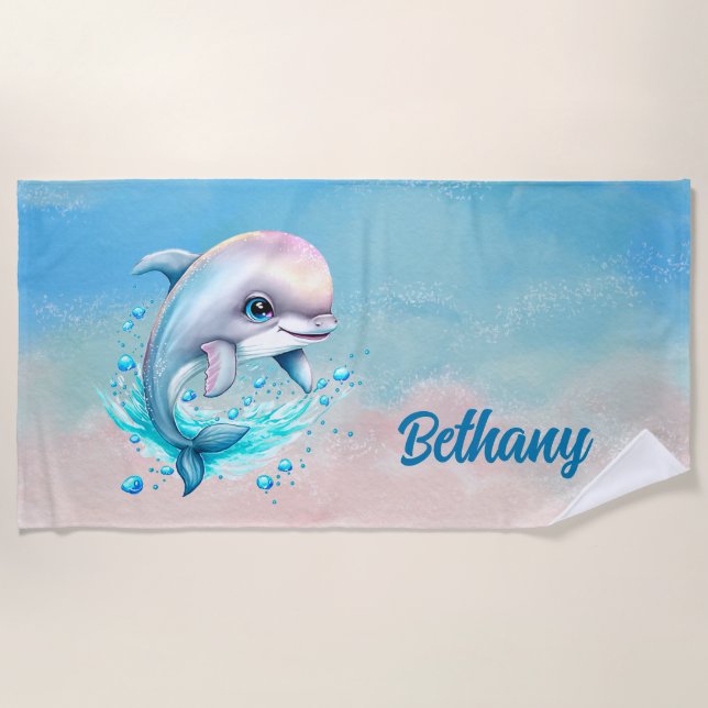 Name hinzufügen, Dolphin Schwimmen mit Blasen Pink Strandtuch (Vorderseite)