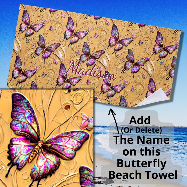 Name hinzufügen, Fantasie Butterfly Mauve Iridesce Strandtuch (Von Creator hochgeladen)