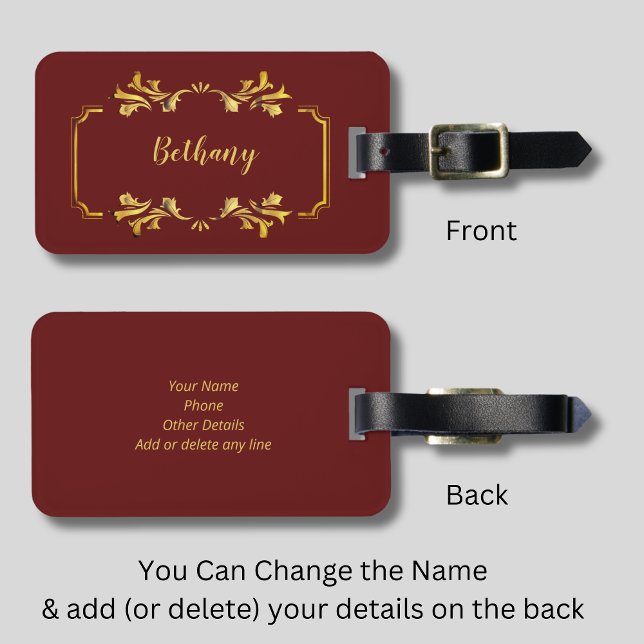 Name hinzufügen Gelbes Gold auf Maroon Dark Red Gepäckanhänger (Von Creator hochgeladen)