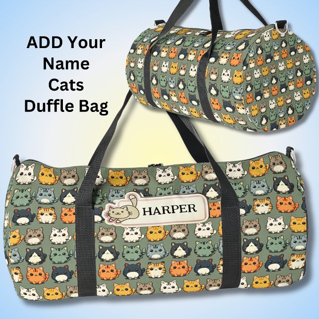 Name hinzufügen, Niedliche Kawaii Katzen auf Grün Duffle Bag (Von Creator hochgeladen)