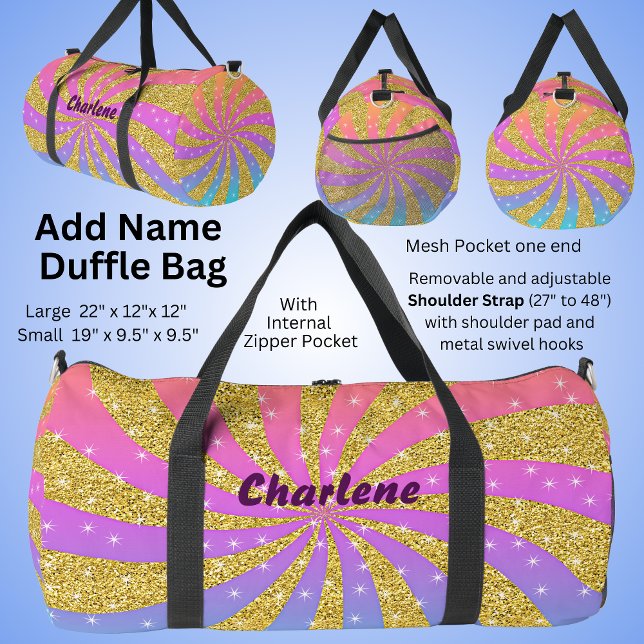 Name hinzufügen, Rosa Lila Goldrausch Pop Art Star Duffle Bag (Von Creator hochgeladen)