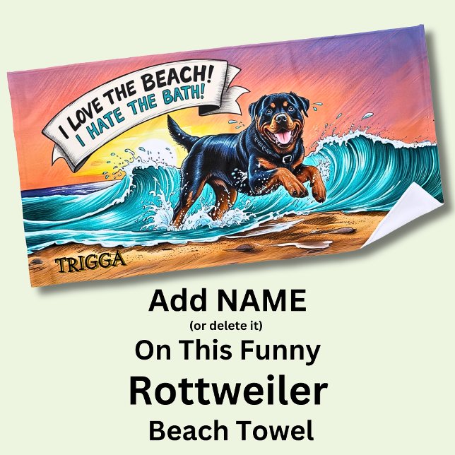 Name hinzufügen, Rottweiler-Hund, der in Wellen lä Strandtuch (Von Creator hochgeladen)