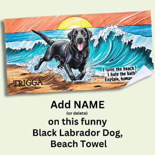 Name hinzufügen, schwarzer Labrador-Hund, der in W Strandtuch