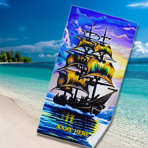 Name hinzufügen, Stylisierte braune Piratenschiff Strandtuch