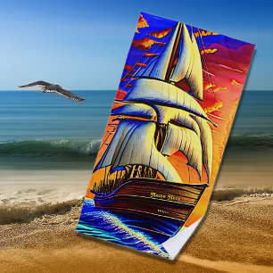 Name hinzufügen, Stylisierte braune Piratenschiff Strandtuch