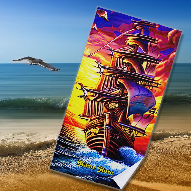 Name hinzufügen, Stylisierte braune Piratenschiff Strandtuch (Von Creator hochgeladen)