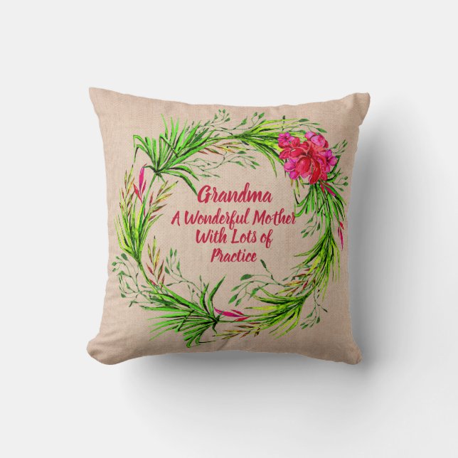 Name hinzufügen Text Großmutter Rosa Floral Boho Kissen (Vorderseite)
