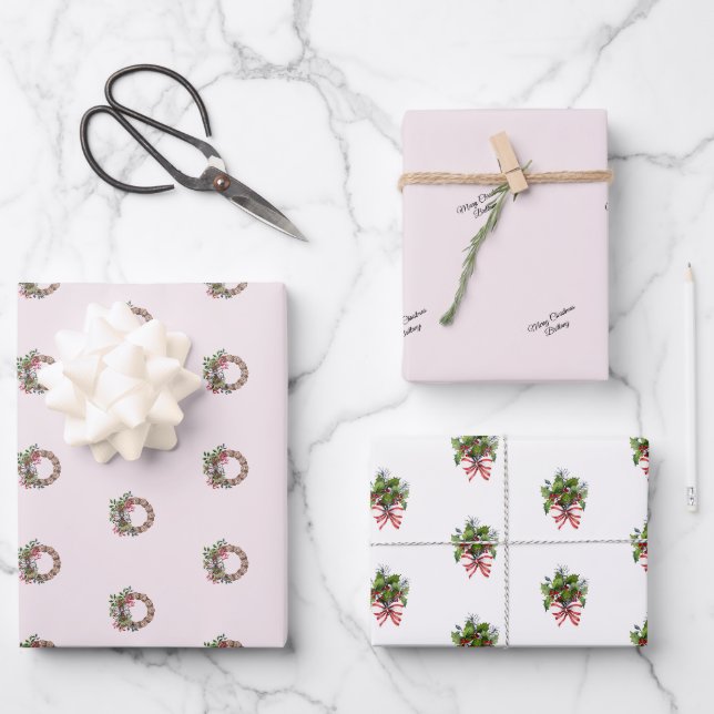 Name, Holly & Berries Bouquet and Wreath 3pc Geschenkpapier Set (Vorderseite)