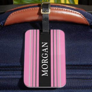 Name in Weiß, Schwarz und Grau Streifen, rosa Gepäckanhänger