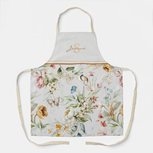 Name Initial Elegance Wasserfarbe Wildblumen Schürze (Vorderseite)