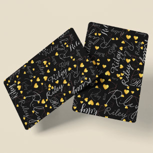 Name Initial & Gold Hearts Black Spielkarten