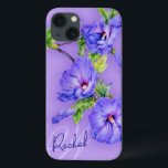 Name & initial hibiscus blue purple ipad case<br><div class="desc">Beautiful fine art hibiscus floral case for your ipad. Personalise with your name and initial. This example reads: Rachel W. Original design and watercolor painting by Sarah Trett.</div>