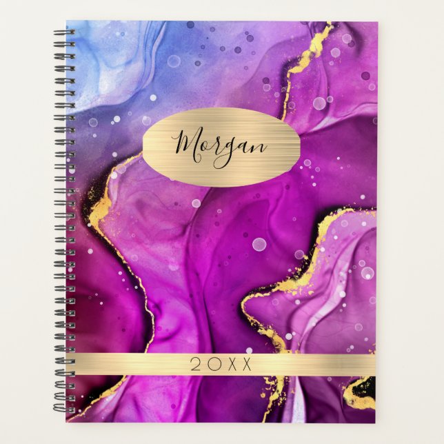 Name & Jahr, Red Violet & Gold Tinte Abstrakt Planer (Vorderseite)