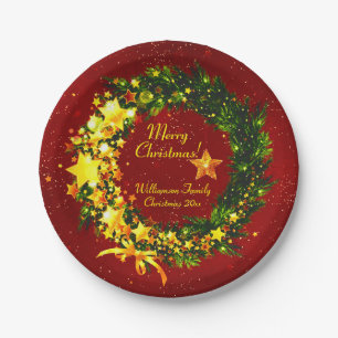 Name Jahr Weihnachten 20xx Gold Wreath auf Red Pappteller