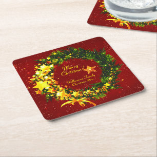 Name Jahr Weihnachten 20xx Gold Wreath auf Red Rechteckiger Pappuntersetzer