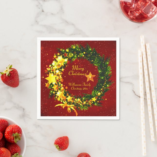 Name Jahr Weihnachten 20xx Gold Wreath auf Red Serviette (Beispiel)