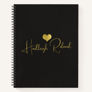 Name Kalligrafie Gold Schwarz Monogramm Herz Notizbuch