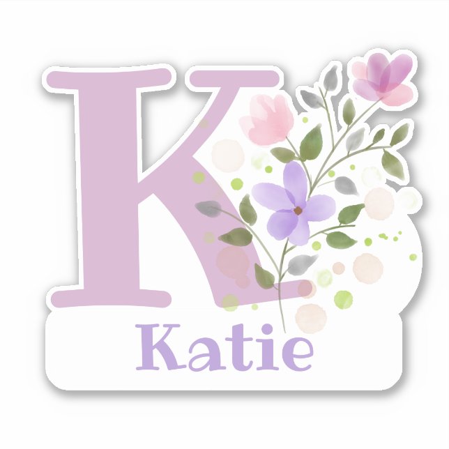 Name Katie & Initial mit Blumendesign Aufkleber (Vorderseite)