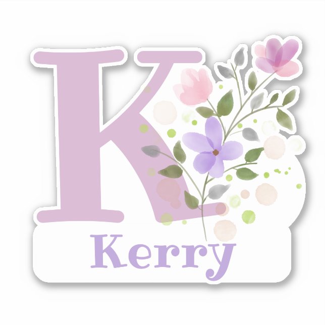 Name Kerry plus Initial mit Blumendesign Aufkleber (Vorderseite)
