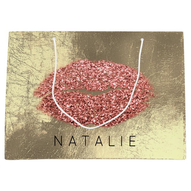 Name Kupfer Metal Kiss Lips Glitzer Champagne Gold Große Geschenktüte (Vorderseite)