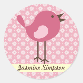 Name Labels/Aufkleber Pink Bird - Daisy Design Runder Aufkleber