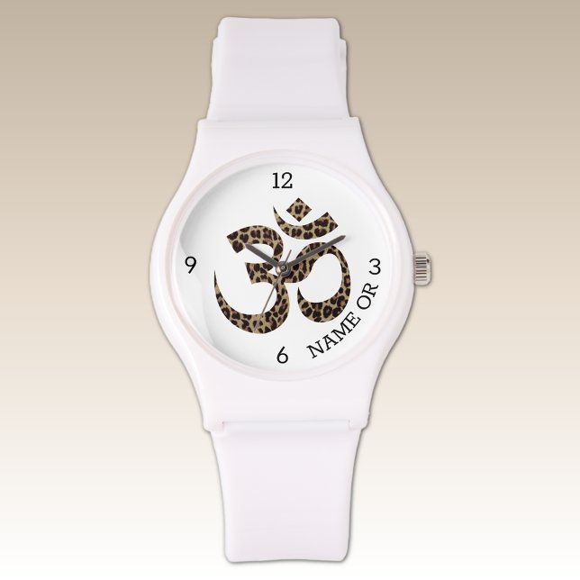 Name Leopard Print Om Symbol White Silicone Armbanduhr (Von Creator hochgeladen)