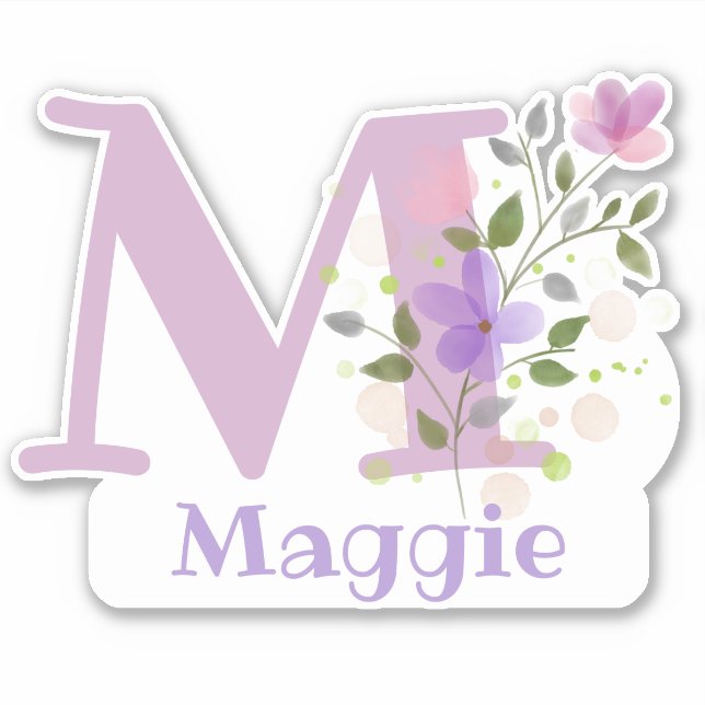 Name Maggie plus Initial mit Blumendesign Aufkleber (Vorderseite)