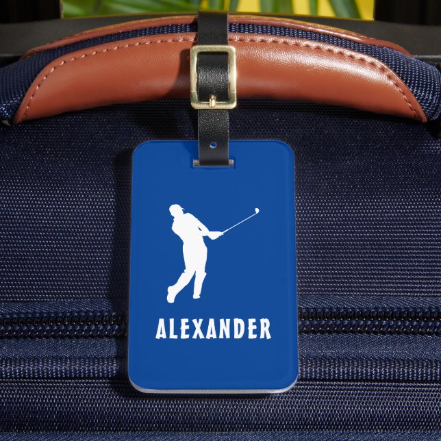 Name Male Golf Player Golfspielen Golfer Blau Weiß Gepäckanhänger (Vorderseite Insitu 2)