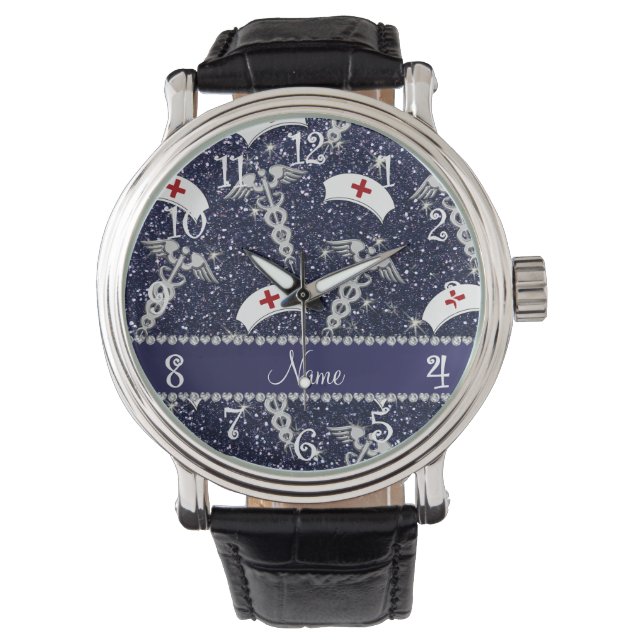 Name Marineblau Glitzer Hüte silber Caduceus Armbanduhr (Vorderseite)