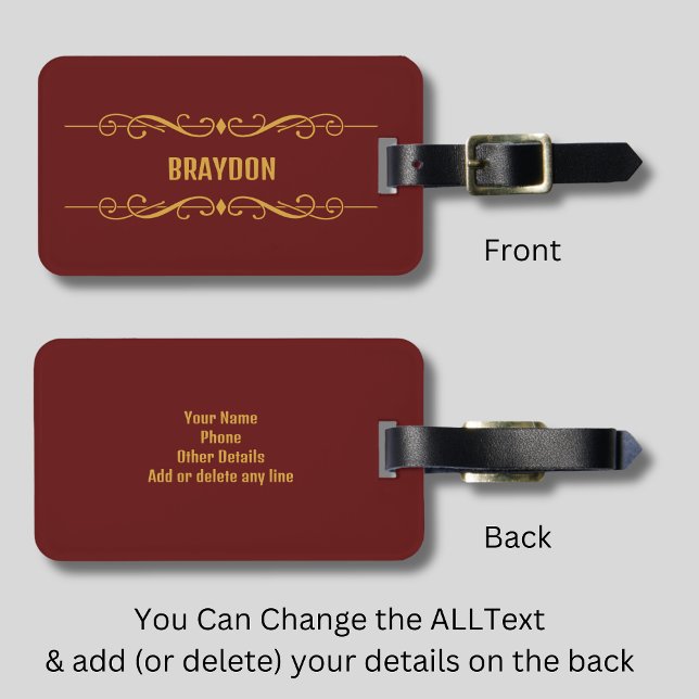 Name Maroon Dark Red mit Gelb Gold hinzufügen Gepäckanhänger (Von Creator hochgeladen)