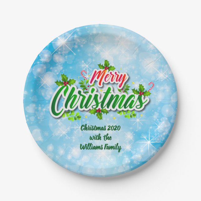 Name Matching Merry Christmas Blue 7" Pappteller (Vorderseite)