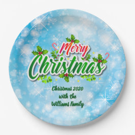 Name Matching Merry Christmas Blue 9" Pappteller