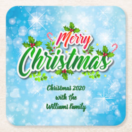 Name Matching Merry Christmas Blue hinzufügen Rechteckiger Pappuntersetzer