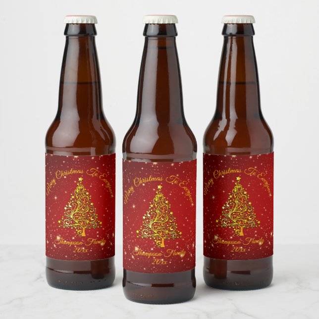 Name Matching Set Weihnachten Red Gold Tree Star h Bierflaschenetikett (Flaschen)