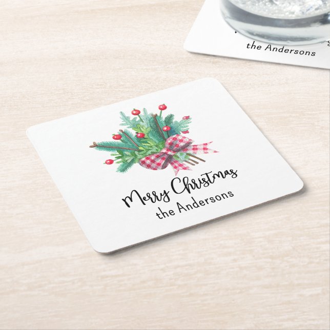 Name, Merry Christmas Red and Green Rechteckiger Pappuntersetzer (angewinkelt)